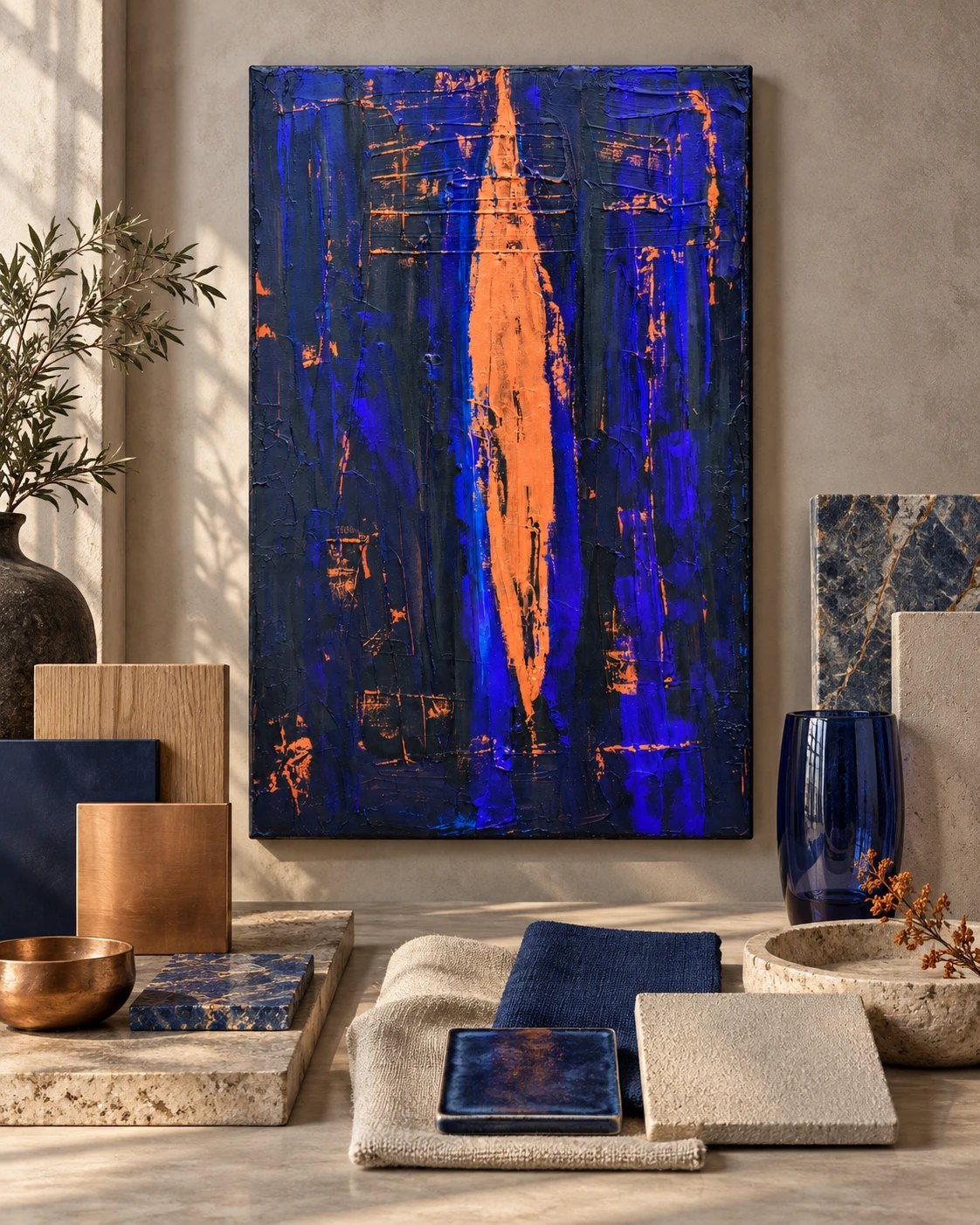Ascua junto a muestras de cobre y piedra (ambiente simulado)