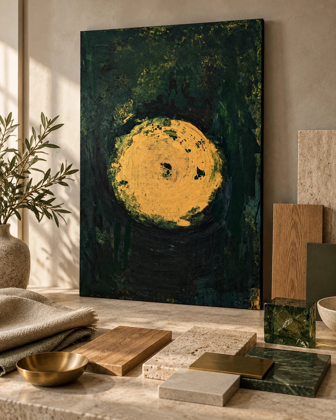 Núcleo junto a muestras de madera, piedra y latón (ambiente simulado)